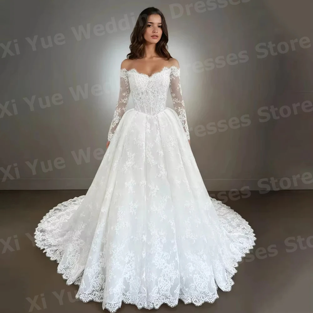 Luxuriöse A-Linien-Brautkleider mit schulterfreiem Spitzenoberteil für Damen, Vestido De Novia, Brautkleider mit langen Ärmeln, maßgeschneiderte Robe De Mariée