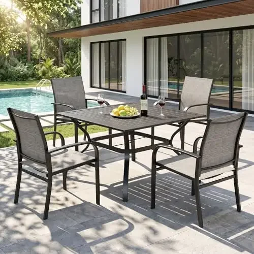 5pc Patio Dining Set for 4, Outdoor Metal Table & Brown Chairs | Textilene chairs + 37