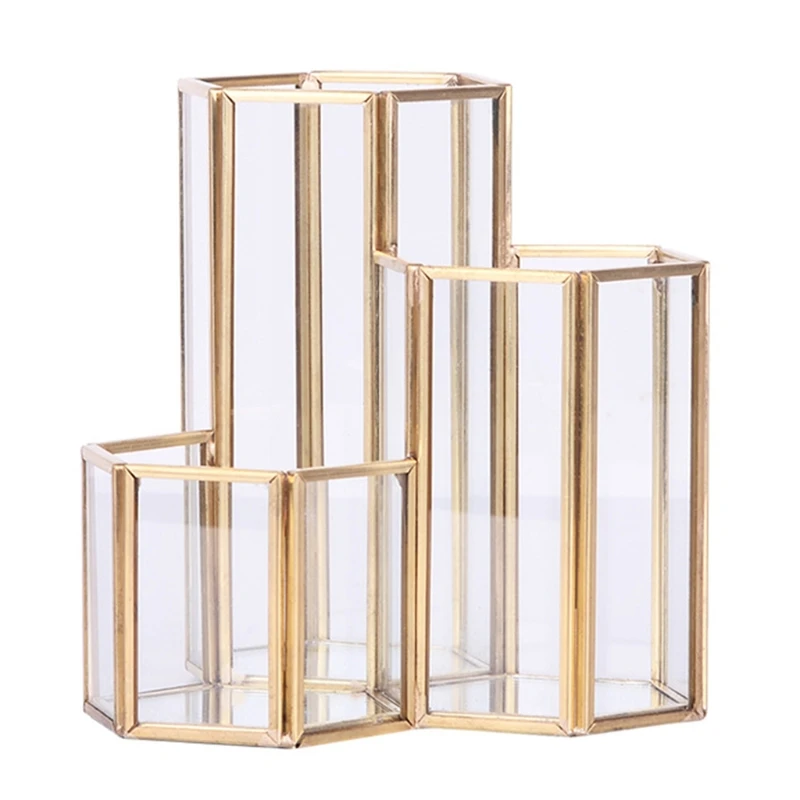 

Glass Gold Pen Holder Hexagon Shaped for Desk Pens Rulers Makeup Brush Storage Gilde Multifunctional Combination for