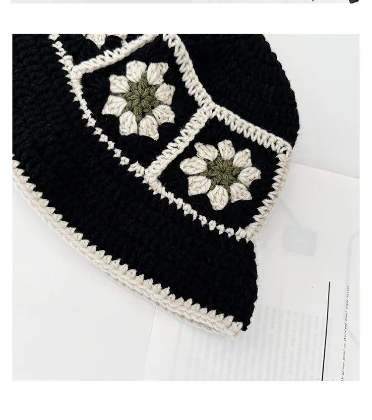 2025 herbst Neue Häkeln Koreanische Handgemachte Eimer Hut Frauen Weben Gestrickte Hut Y2k Mode Blumen Herbst Winter Mützen Becken Kappe – Detail 10