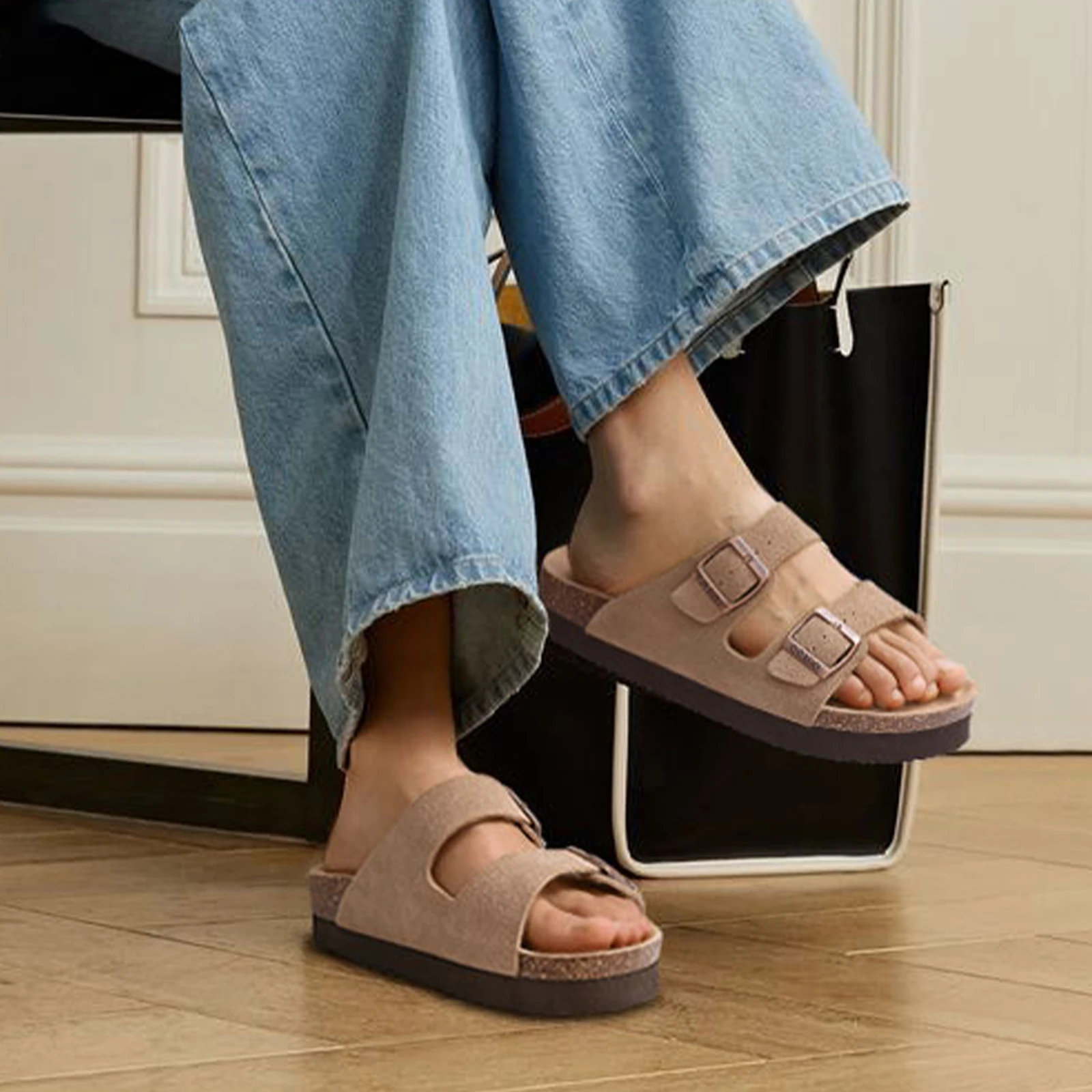 Kidmi New Men Sandals Men Double Buckle Sandals Cork Suede Men Slippers Outdoor Beach Slide Sandals Casual Soft Nonslip Sandals