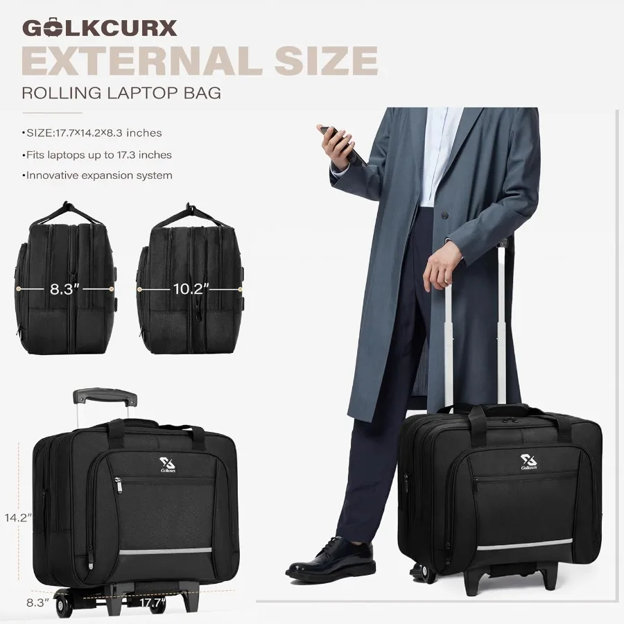 Golkcurx Rolling Laptop Bag with Wheels Removable Water-Repellent Rolling Briefcase for Women and Men