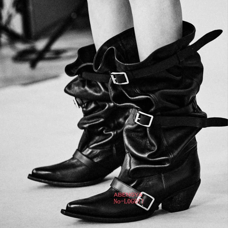 

Зимние черные замшевые сапоги до колена, женские мотоциклетные высокие сапоги с острым носком и пряжкой, дизайнерские женские сапоги до бедра для вечеринок