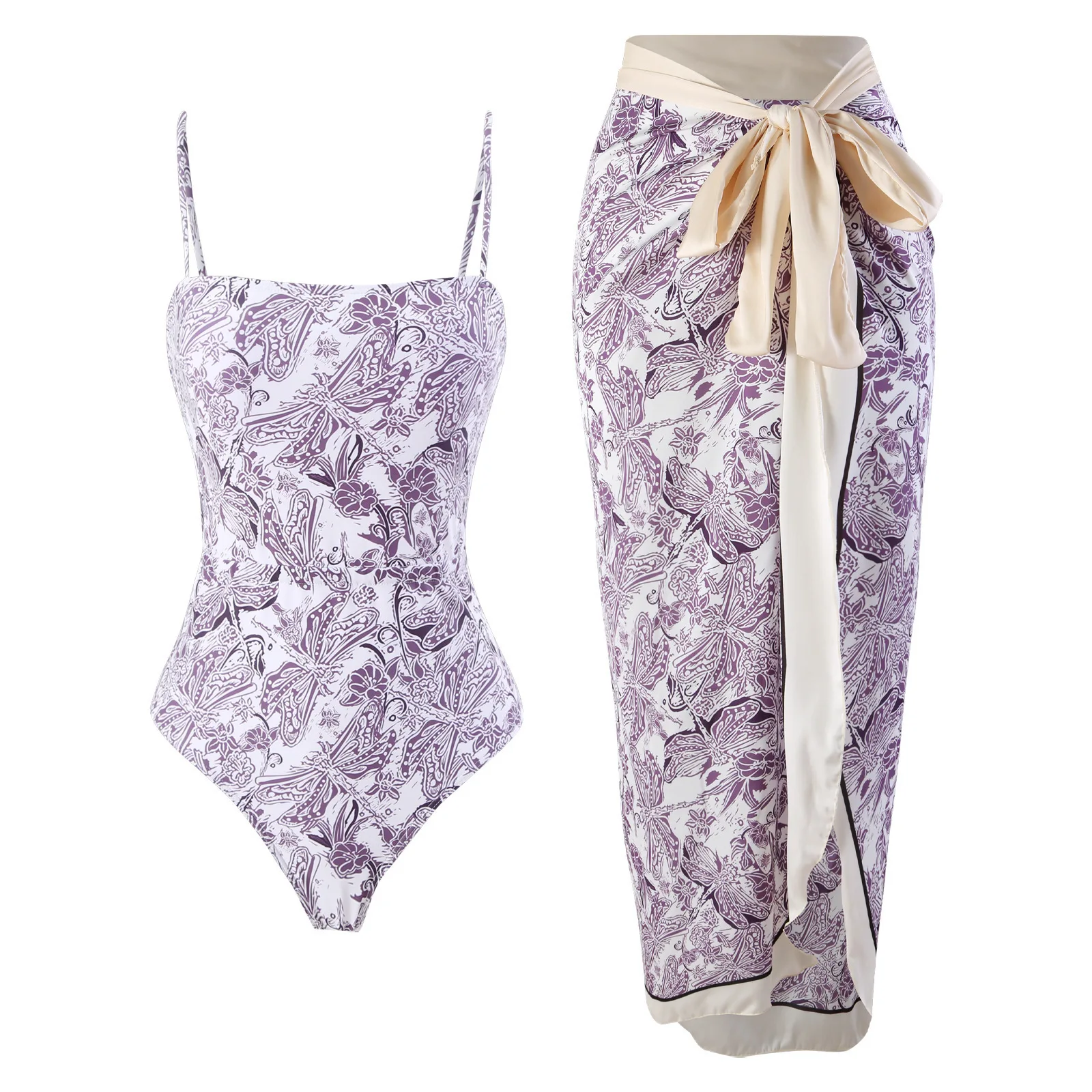 

2025 new European and American French retro printing split bikini women's hot spring vacation beach skirt two-piece swimsuit