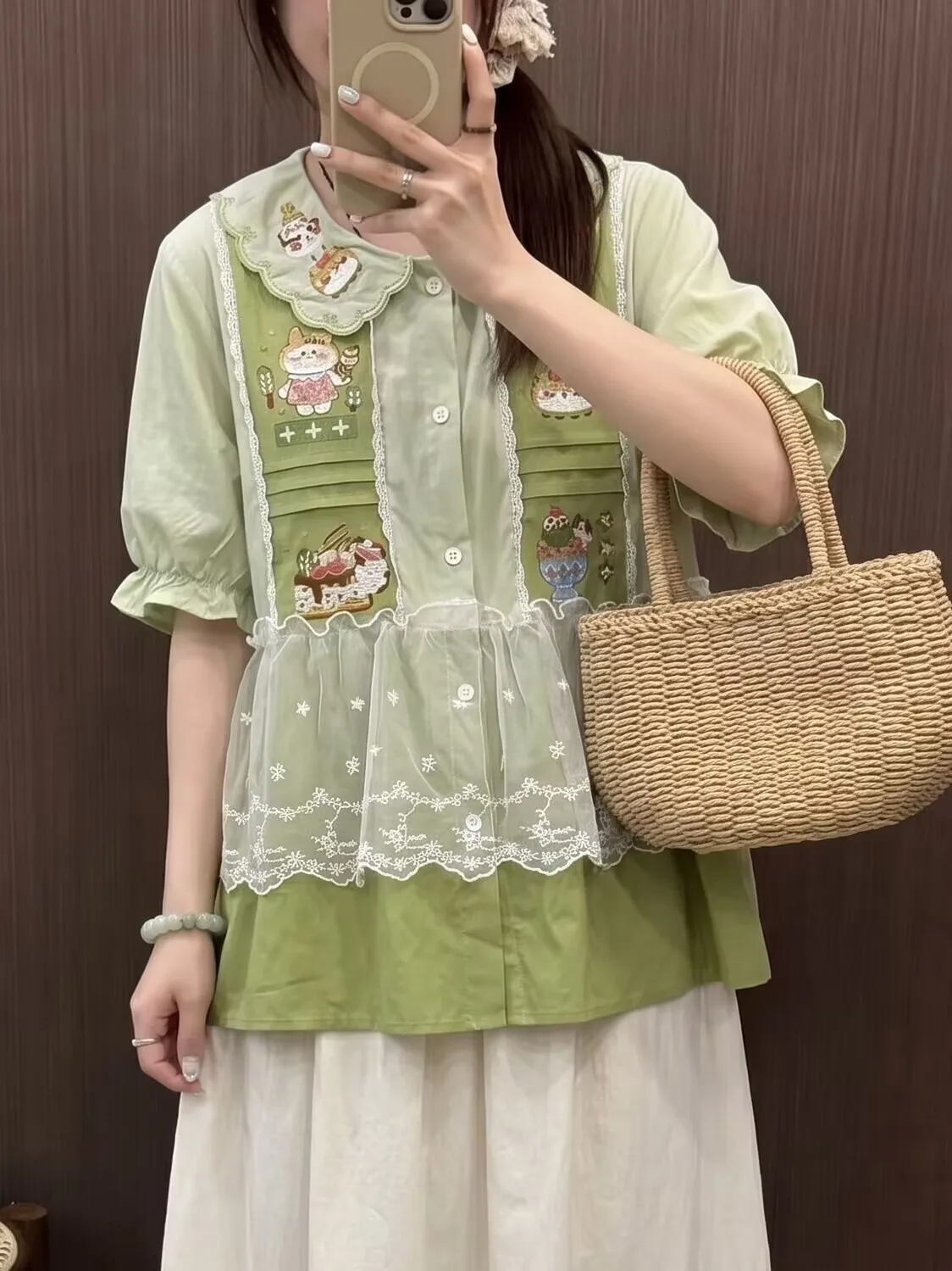 Female Kawaii Embroidery Cotton Peter Pan Collar Blouse Mori Girl Retro Lolita Style Shirt