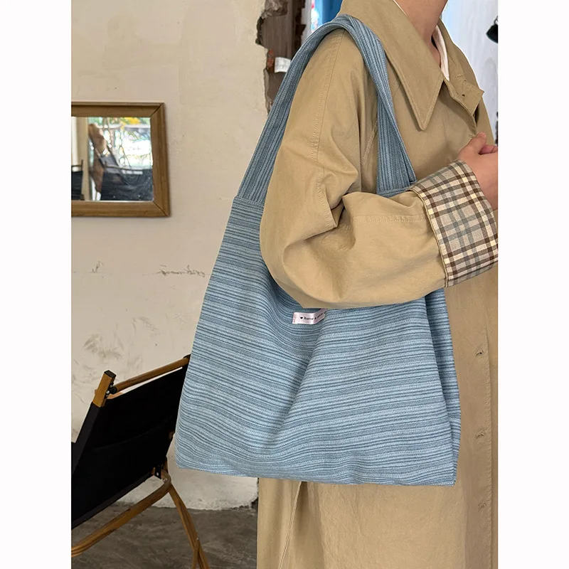 

Striped Canvas Women Shoulder Shopper Bag Japanese Female Student Book Tote Bags 2025 Large Blank Fashion Woman Handbags