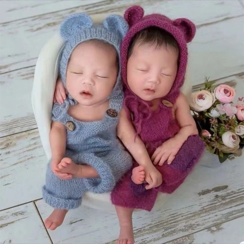 Adereços para fotografia recém-nascidos, roupas para meninos meninas, chapéu urso mohair, conjunto macacão