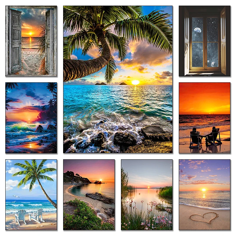 Sea View Landscape Posters and Print Sunset Beach Seascape Canvas Painting Natural Scenery Nordic Wall Art Picture Home Decor