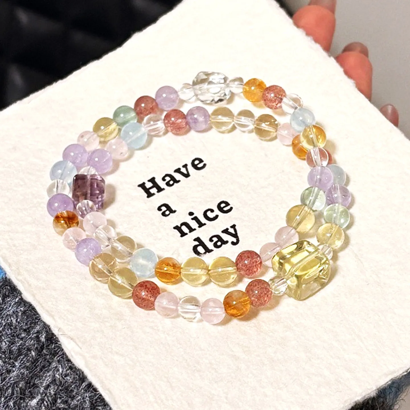 

Natural Citrine Bracelet: Light Luxury Double-loop Beaded Bracelet with Amethyst & Clear Quartz, Women's Gift