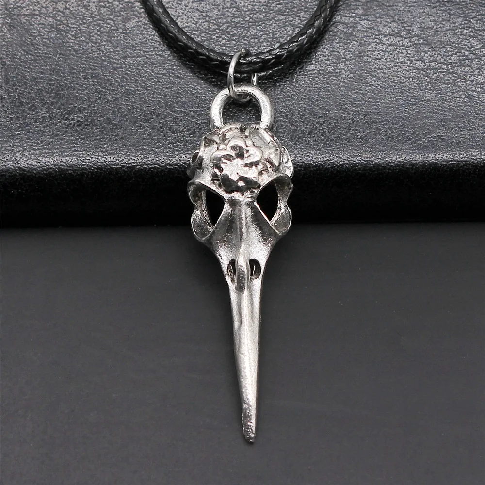 Retro Vintage Unisex 2 Colors 41x12mm Bird Head Skull Pendant Faux Black Leather Rope Chain Necklace