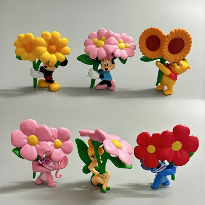 6pcs/set Disney Winnie The Poop Mickey Mouse Minnie Stitch Hand Bouquet Figures Model Doll Cute Ornaments Brithday Xmas Gifts