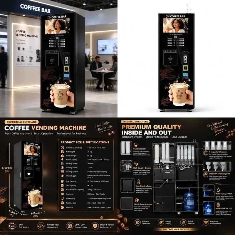 24 7 Unattended Operation Fully Automatic Commercial Coffee Vending Machine with 22 Inch Touch Screen Self Cleaning