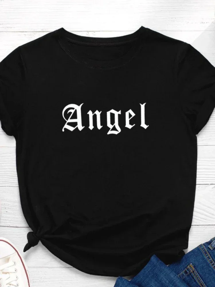 Angel Letter Print Women T Shirt Short Sleeve O Neck Loose Women Tshirt Ladies Tee Shirt Tops Clothes Camisetas Mujer