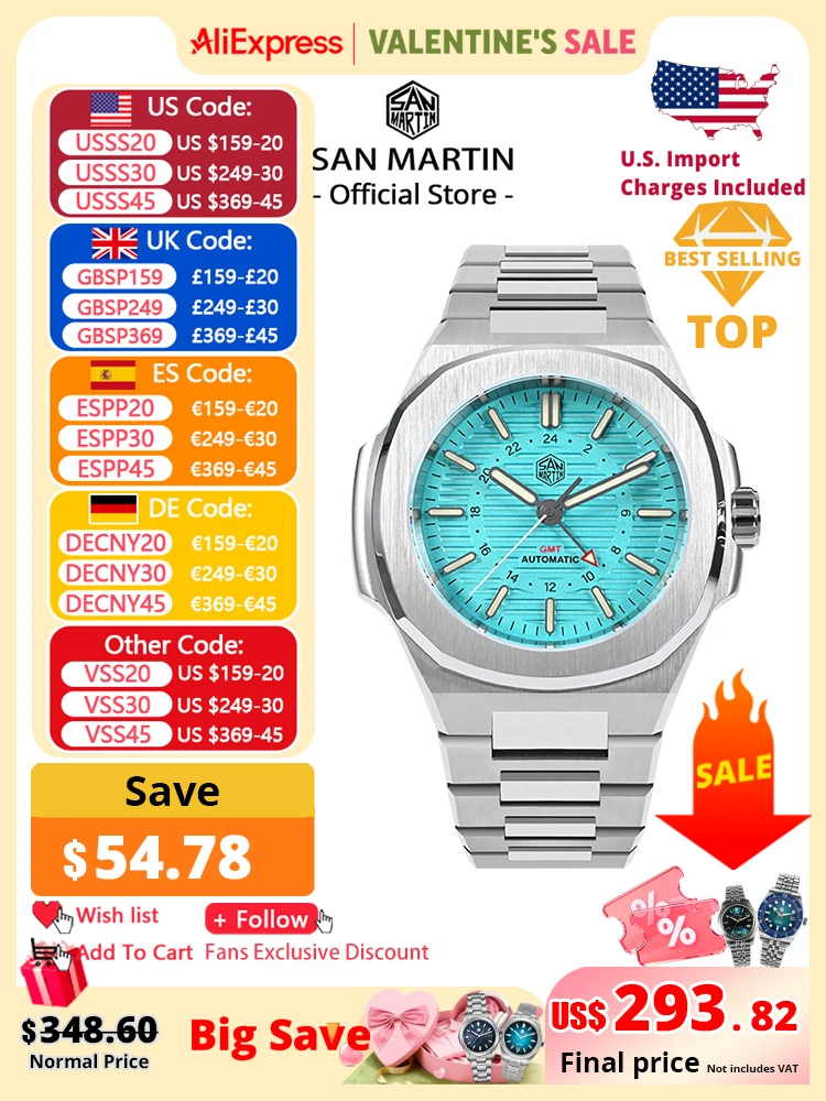 

San Martin Mens Watch New 43mm GMT Classic Business Luxury Automatic Mechanical Watches for Men Sapphire 10Bar BGW-9 Luminous