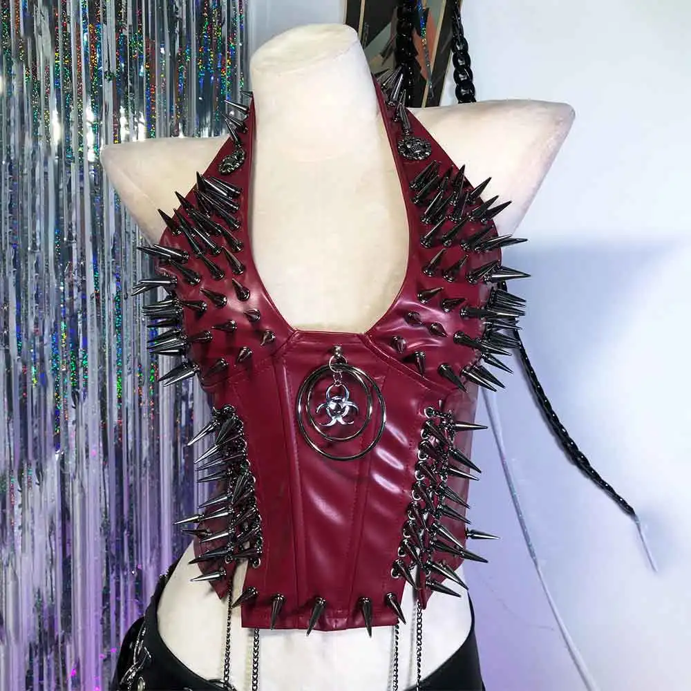 Red Gothic Emo Punk Woman Top with Spikes Grunge PU Leather Tank Y2K ALT  Cyber 90s T-shirt Gothic Festival Bra Clothes for Women