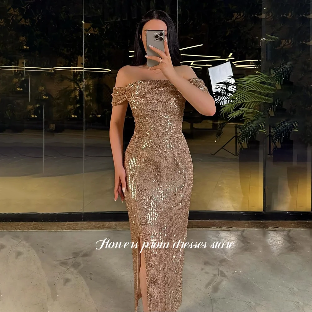 

Flowers Prom Dress Off Shoulder Dress Beaded Evening Dress Tea Length Formal vestido de fiesta فساتين مناسبة ر Customized