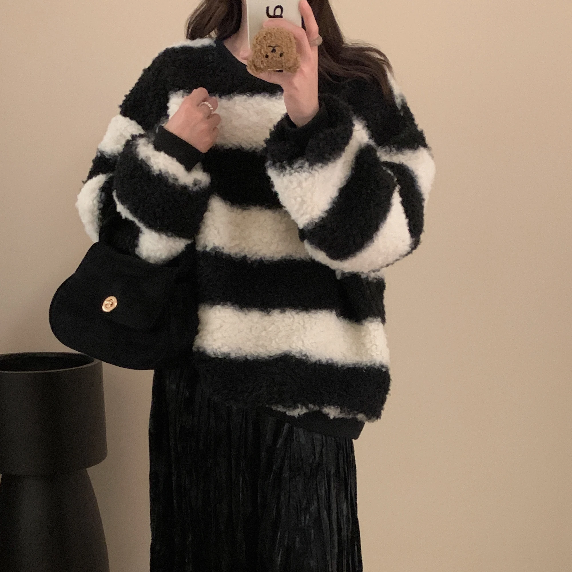 Thiened Lamb Fur Hoodie Stripe Pattern Faionable Autumn Winter Warm Women's Knittedwear Easy Match Casual Street Sle