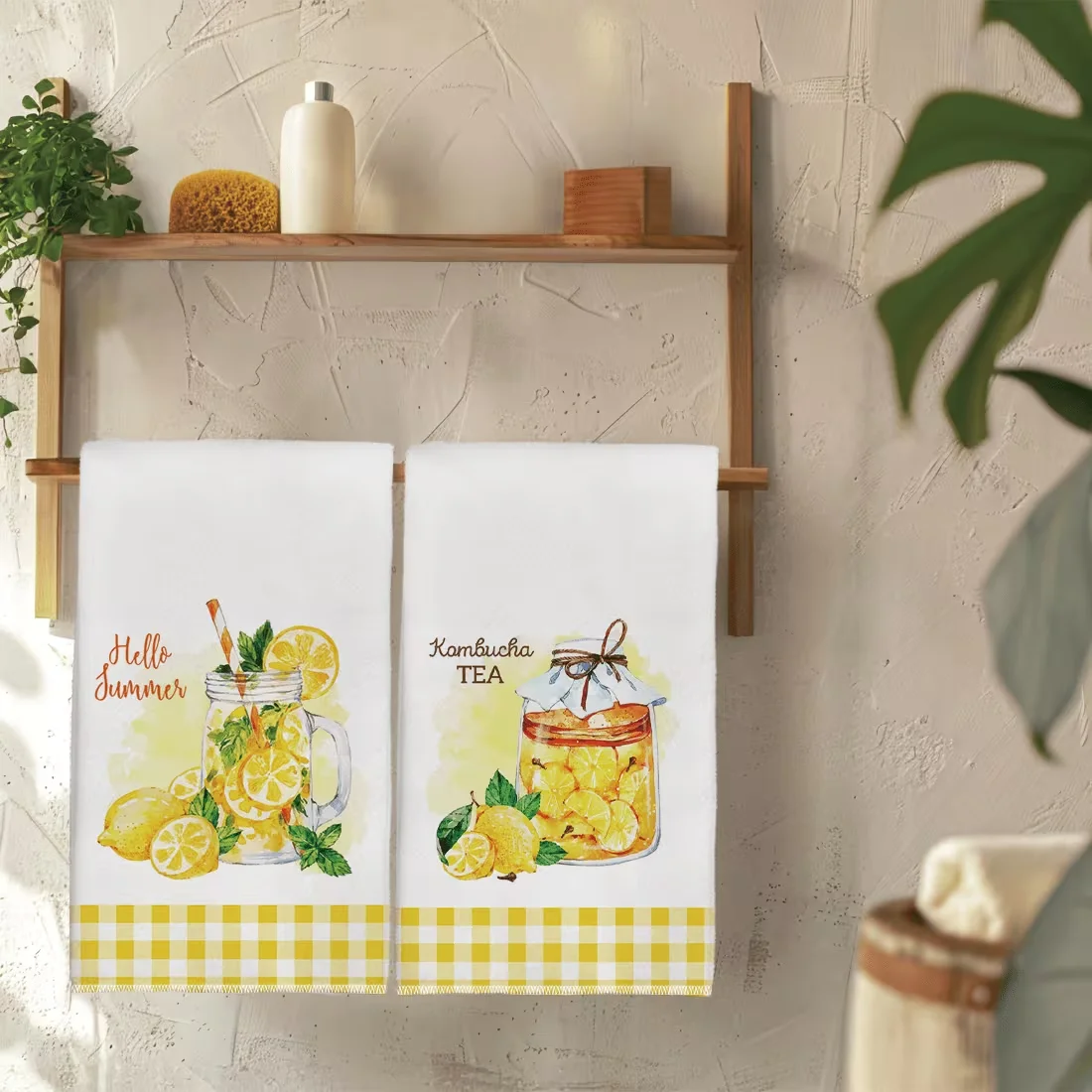 2-Pack of Rustic Towels with Watercolor Lemon Yellow Plaid Pattern Print, Modern Art Kitchen Decorative Towels, Neighbor Gifts, Sweet Housewarming Gifts for Friends, Mom Gifts, Friend Birthday Gifts. Spring/Summer Theme