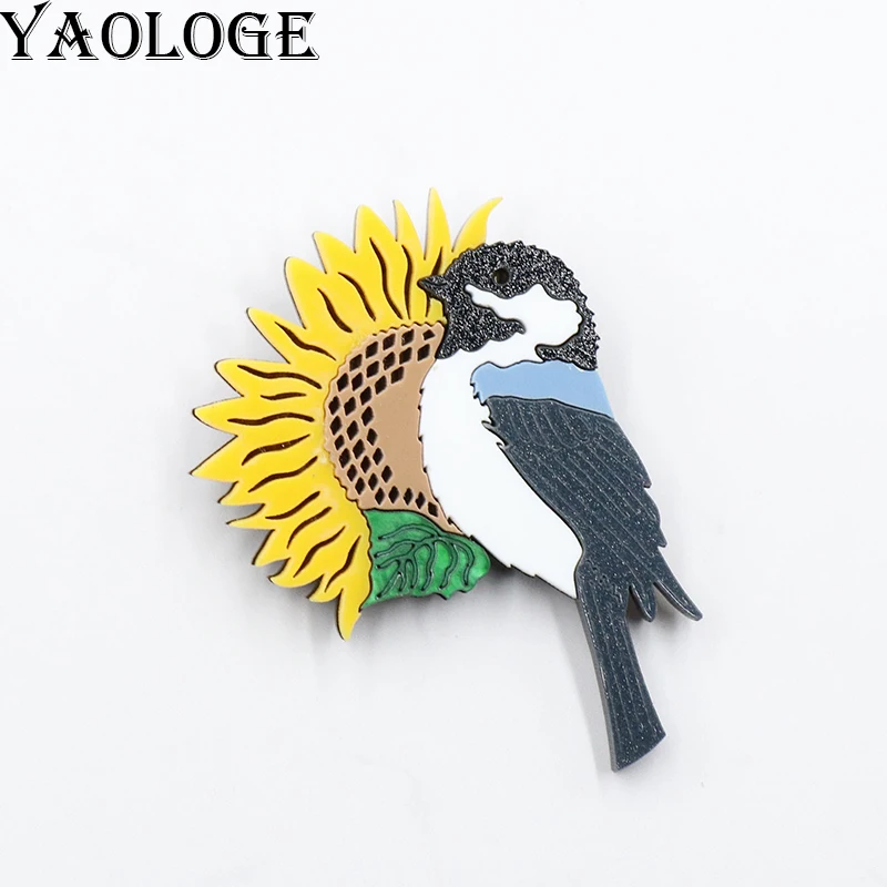 

YAOLOGE Original Personal Sunflower Bird Brooch Black Kingfisher Design Acrylic Badge Women Novel Clothes Bag Accessories Pins