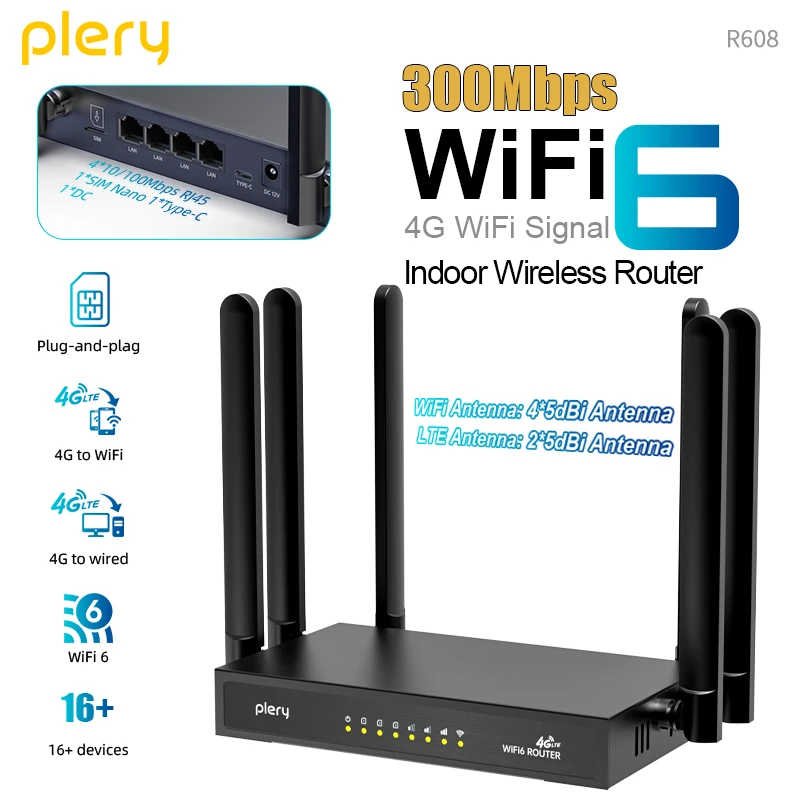 

Plery 300 Мбит/с 4G LTE-модем 4G-маршрутизатор CAT4 WIFI6 ROUTER POE/DC Мощность 6*5 дБи Антенны поддерживает 16 устройств 4G для проводов/WIFI