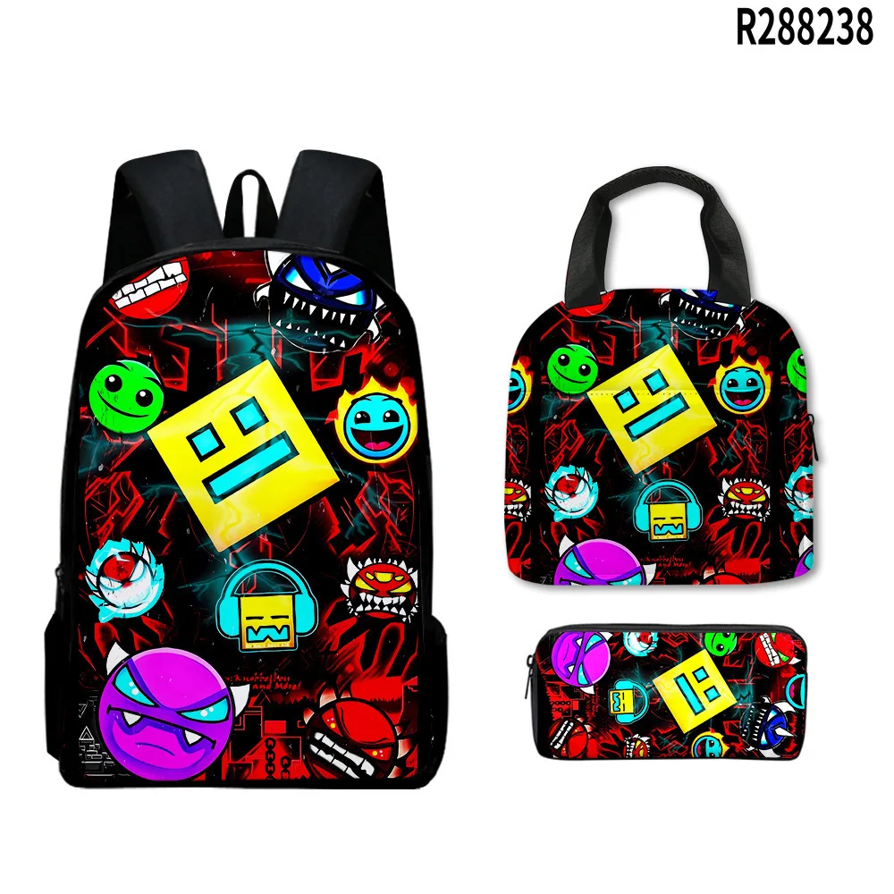Trendy Popular Funny Novelty Geometry Dash 3D Print 3pcs/Set Student School Bags Laptop Daypack Backpack Lunch bag Pencil Case