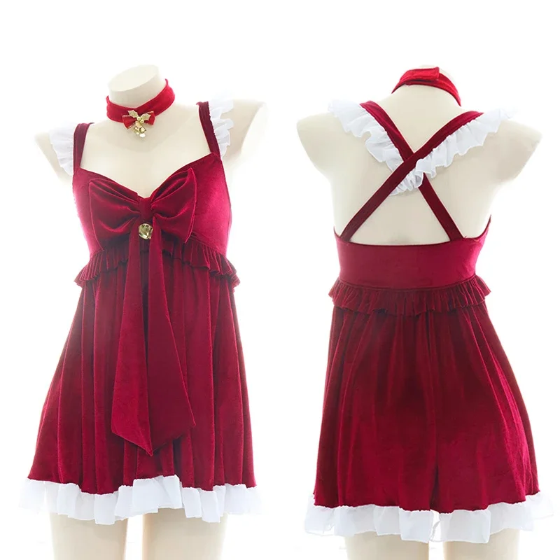 Anime Girls Women Sleeveless Dress Christmas Girl Cosplay Costume Lolita Big Bowknot Ruffle Suspender Nightdress Sleepwear Gifts