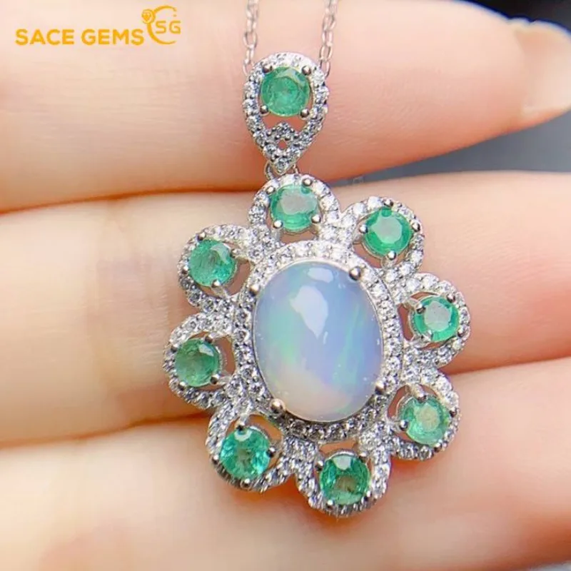 

SACE GEMS S925 Sterling Silver Certified 8*10MM Natual Opal Pendant Necklaces for Womne Engagement Cocktail Party Fine Jewelry