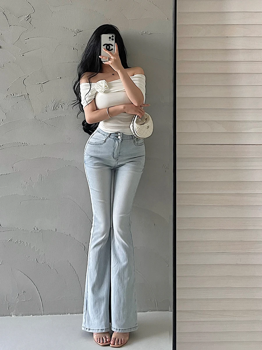 

High Waist Flared Jeans Korean Cartoon Illusory Leg Lengthening Hip Enhancing Long Pants Women's Premium Fashion Jeans