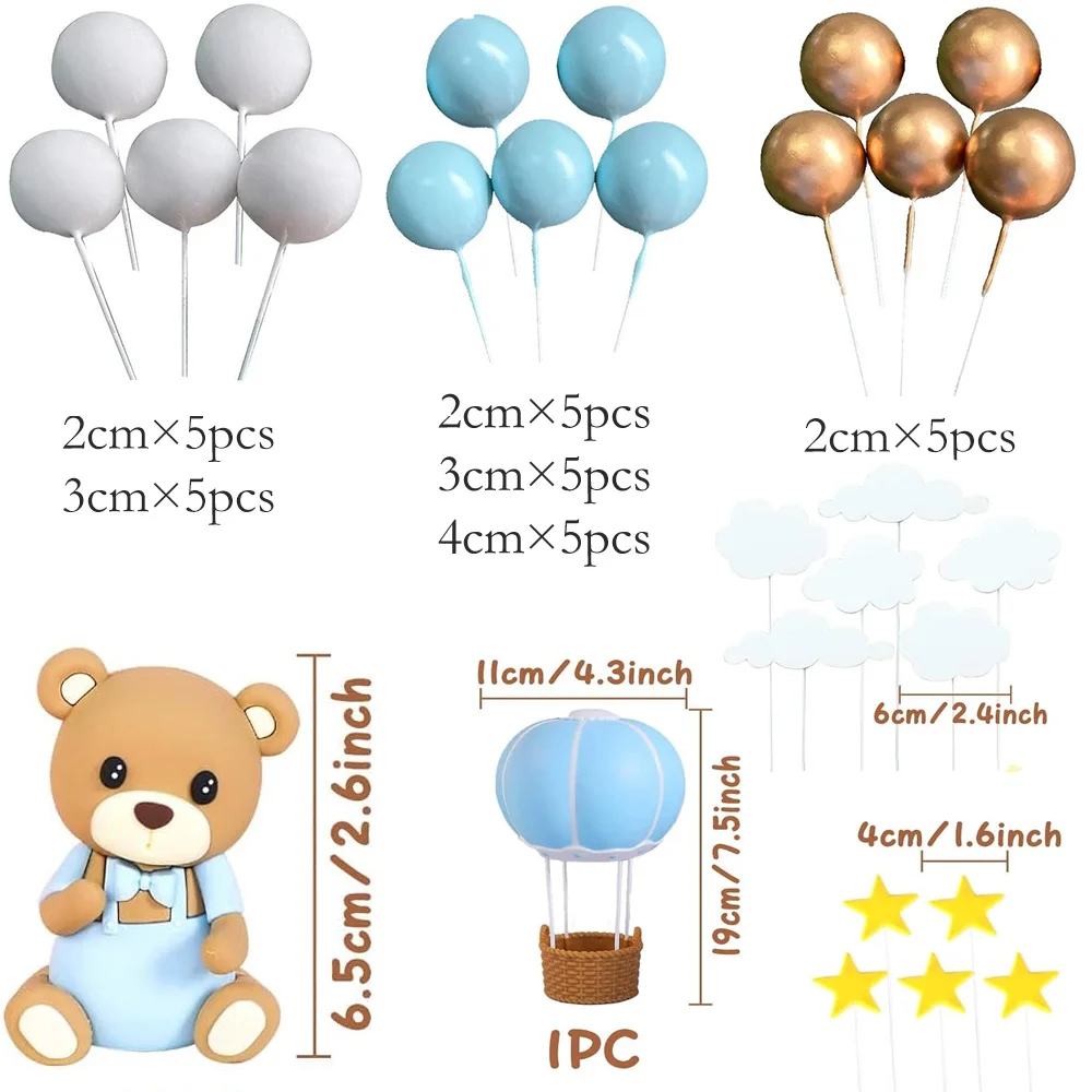 43pcs Blue Hot Air Balloon with Bear Cake Decor Blue Gold Foam Balls Cake Toppers DIY for Birthday Party Baptism Cake Supplies