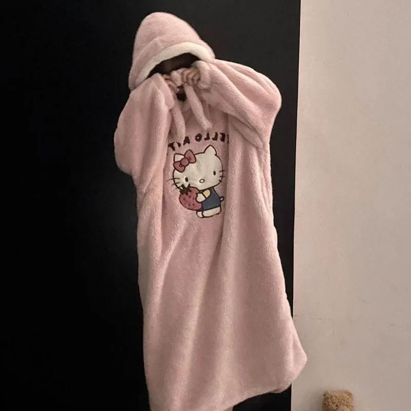 

Женская пижама больших размеров Y2K Hello Kitty, зимний коралловый флис, плюшевый халат Kawaii, милая, уютная одежда для сна, домашняя одежда для дома, мягкий теплый подарок