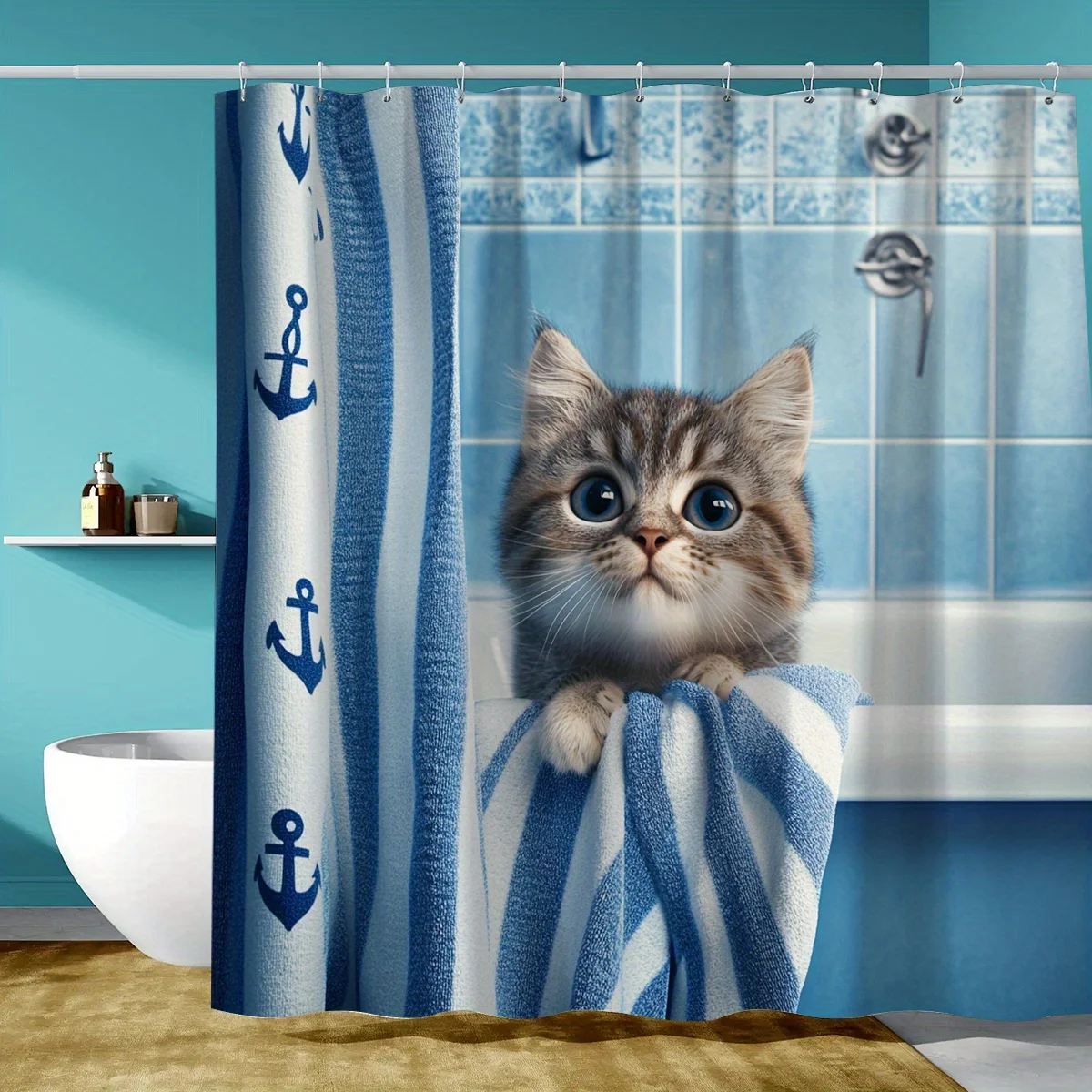 

1 Cute Kitten and Nautical Anchor Shower Curtain, Blue and White Stripes, Great for Bathroom Decor, Suitable for All Seasons