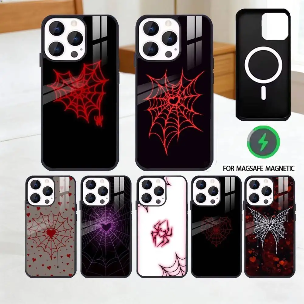 

Cool S-Spider Web H-Heart Phone Case For iPhone 17 16 15 14 13 12 Pro Max Plus for Magsafe Mirror Wireless Magnetic Cover