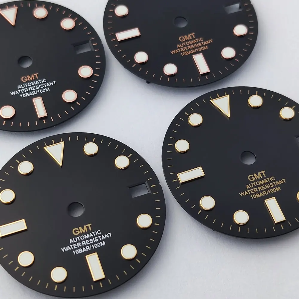 قرص NH34 بتوقيت جرينتش قرص الساعة 28.5 ملم قرص أسود ضوء ليلي أخضر يناسب ملحقات ساعة الحركة nh34 nh35