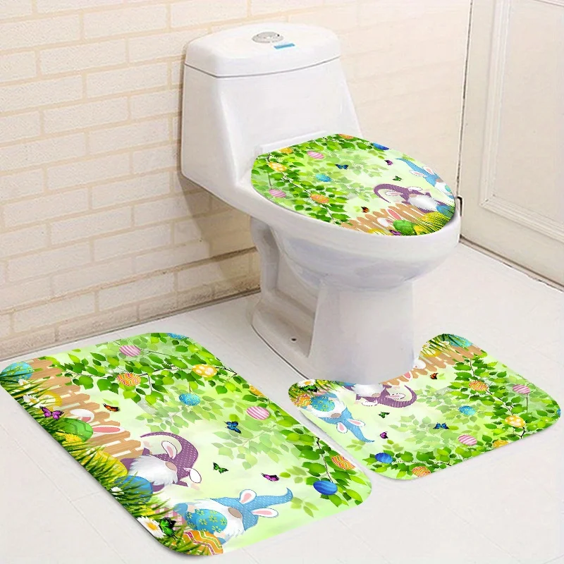 Bunny Egg Pattern Waterproof  Shower Curtain Set,Non-Slip Rug, Toilet U-Shape Mat, Bathroom Easter Decor, Bathroom Accessories