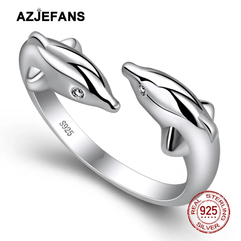 AZJEFANS 925 Sterling Silver Double Dolphin Finger Ring Fine Jewelry Gifts
