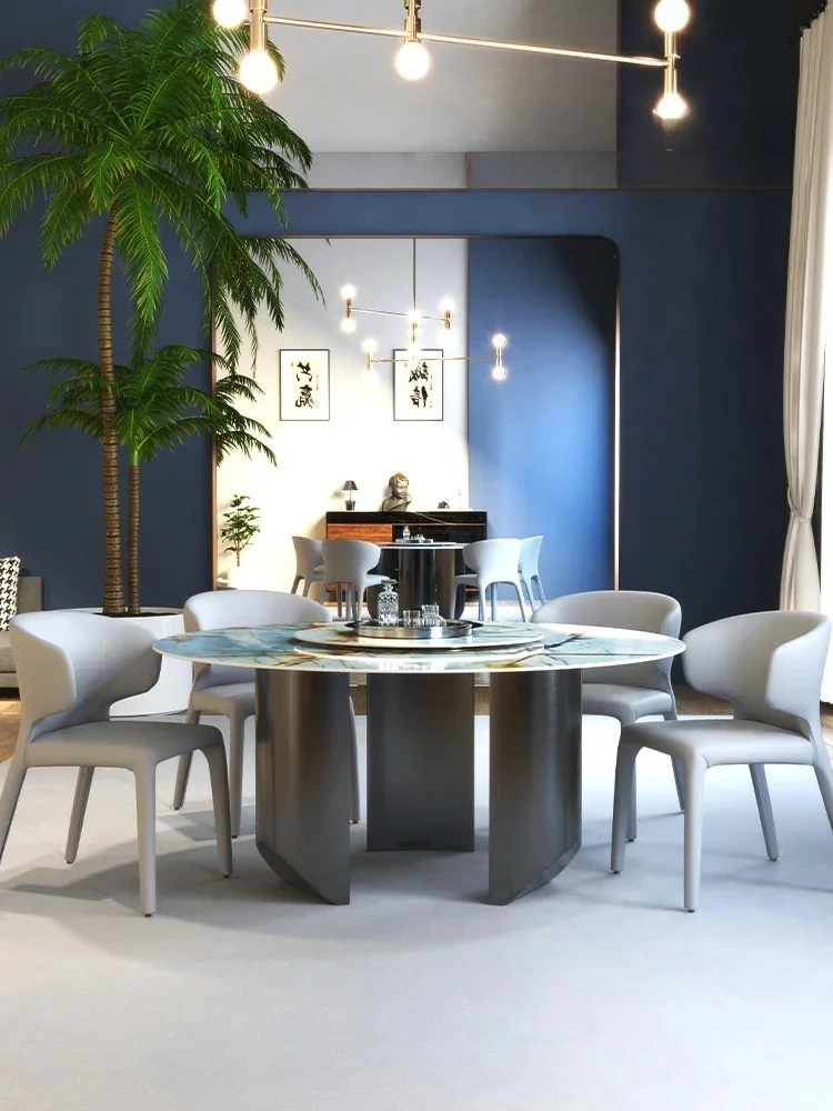 

Итальянский обеденный стол и стулья из каменной плиты, круглый круглый стол из скандинавского мрамора, светильник, роскошный современный домашний обеденный стол