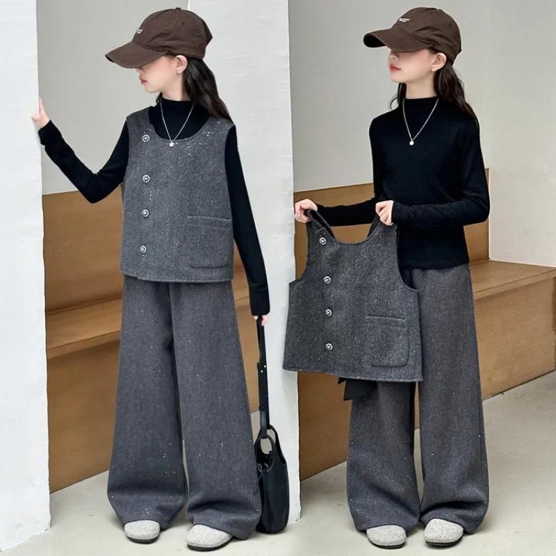 

Детская одежда Стильная рубашка с длинным рукавом + жилет с бантом + широкие брюки Детский комплект из 3 предметов Одежда для подростков Костюмы для девочек Весна Осень