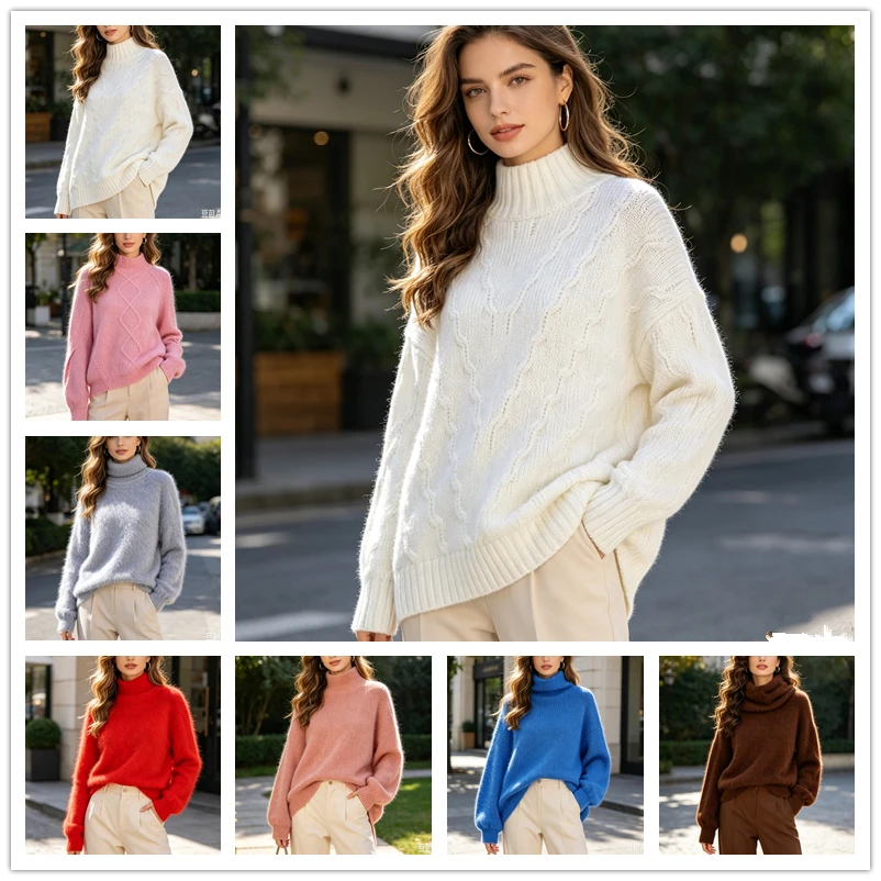 

Women Mujer Autumn Winter Clothing Hairy Angora Rabbit Hair Knitted Mock Neck Long Sleeves Loose Pullover Sweater Jumper Pull