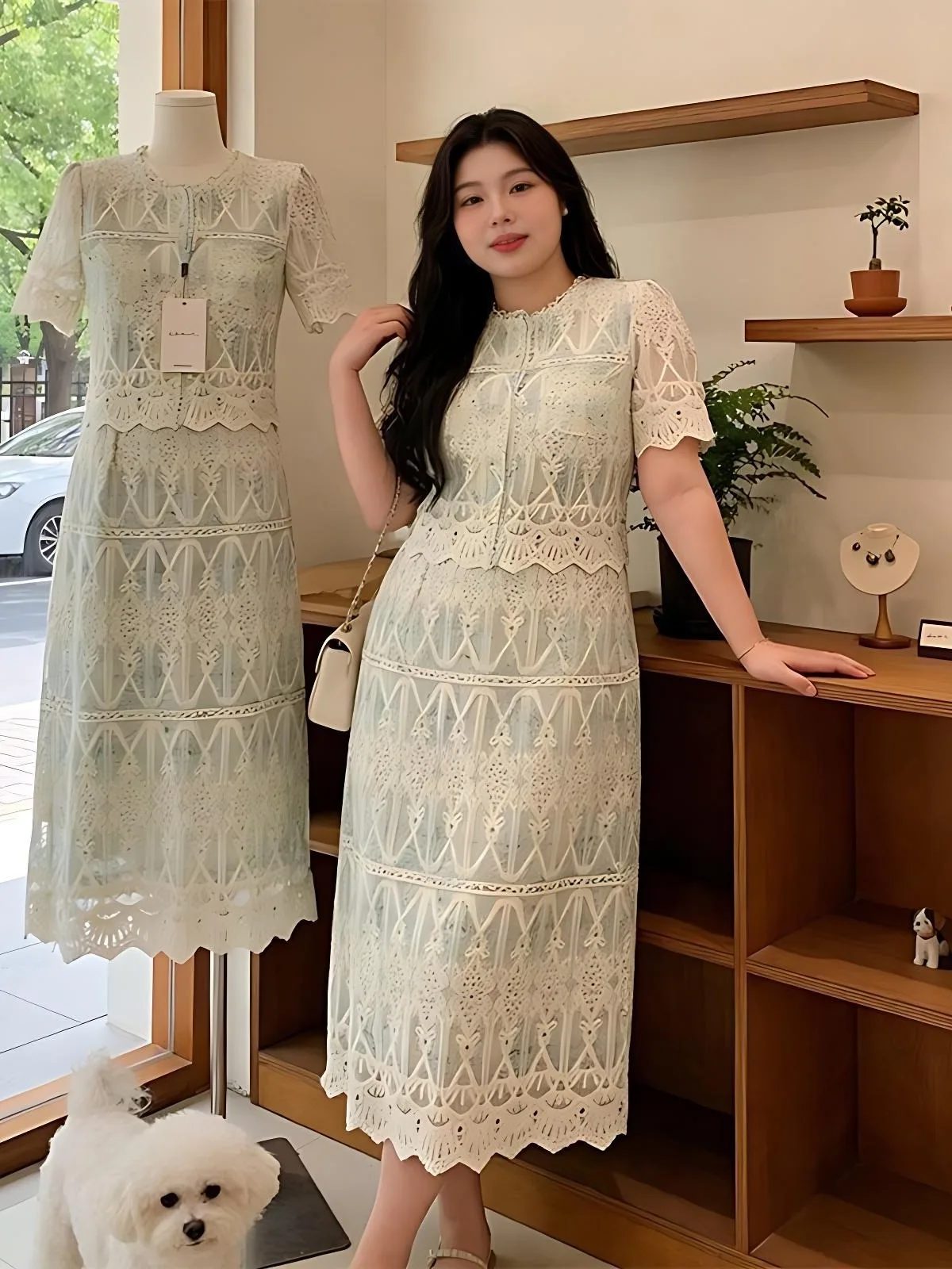 

plus Size Lace Outfit Women Summer New Style round Neck Short Sleeve High Waist A-Line Skirt Two-Piece Set Korean Commute Fas...