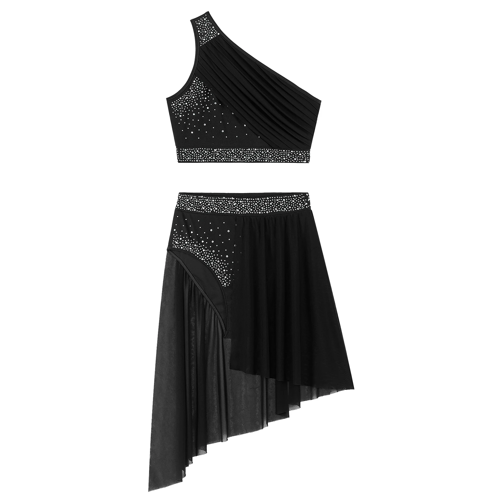 Lyrisches Tanzkleid für Damen, Gymnastik, Eiskunstlauf, Ballettkostüm, gerüschtes Crop-Top mit geteiltem Rock, Tanz-Overlay-Outfits