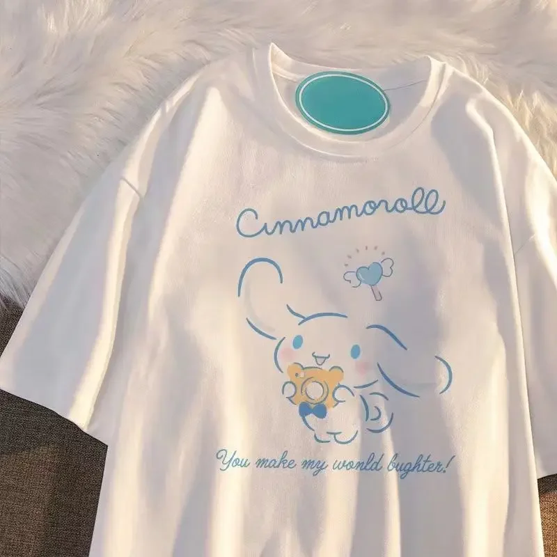 100% cotton Sanrio Kawaii Cinnamoroll girls cartoon short sleeved t-shirt summer new style middle and large children\'s chic top