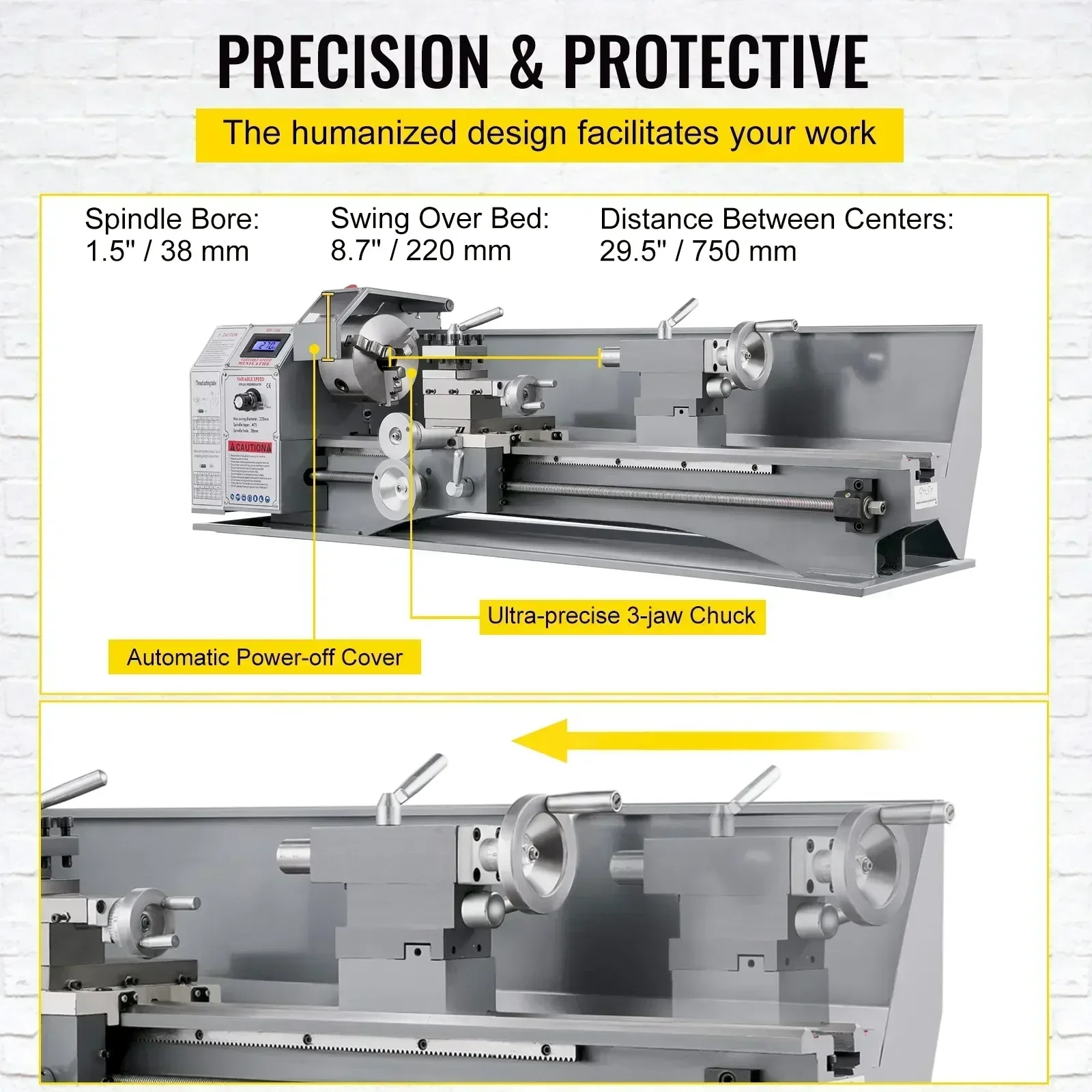 

VEVOR Metal Lathe Machine 1100W 220 x 750MM Variable Speed LED Brushless Motor Lathe For Making Metric Threads and Inch Threads