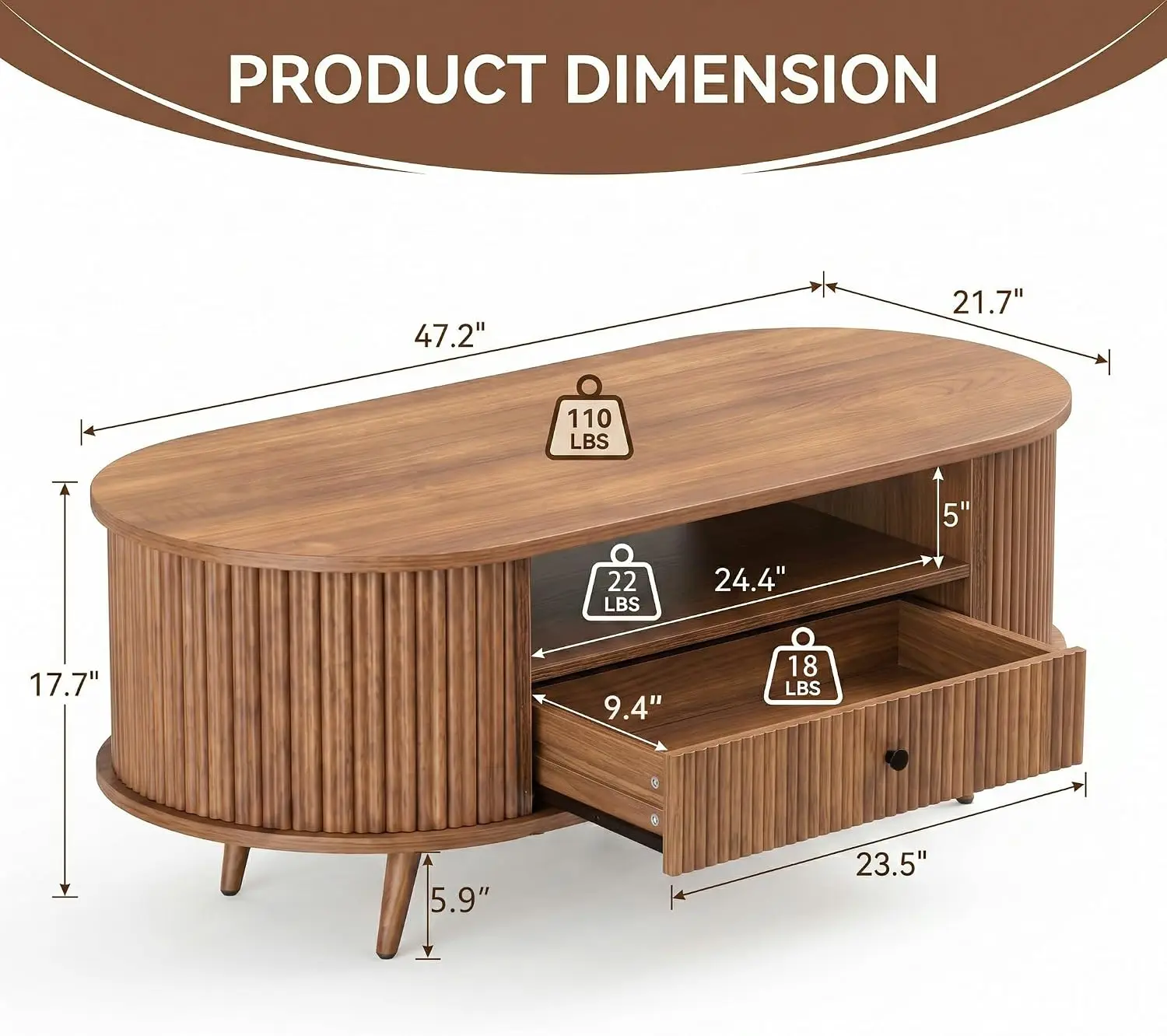 Oval Coffee Table, Wooden Living Room Center Table Organizer, Modern Accent Tea Table With Storage Shelf, Minimalist Cocktail Table Display Desk, Walnut Brown, 1 Piece