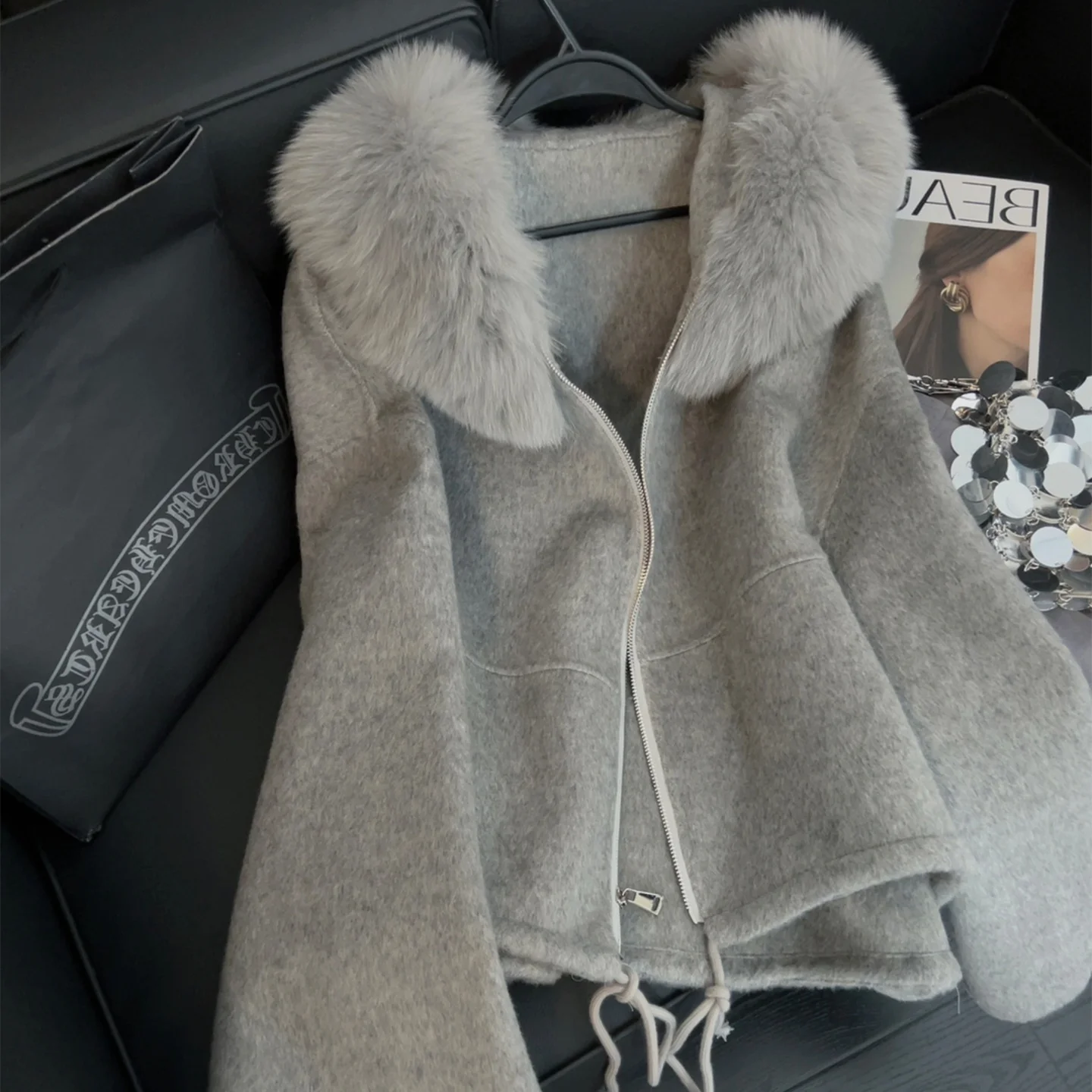 女性レトロソフトフード付きグレーコート春秋デザインセンスカジュアル多用途ぬいぐるみ帽子模造両面ウールジャケット