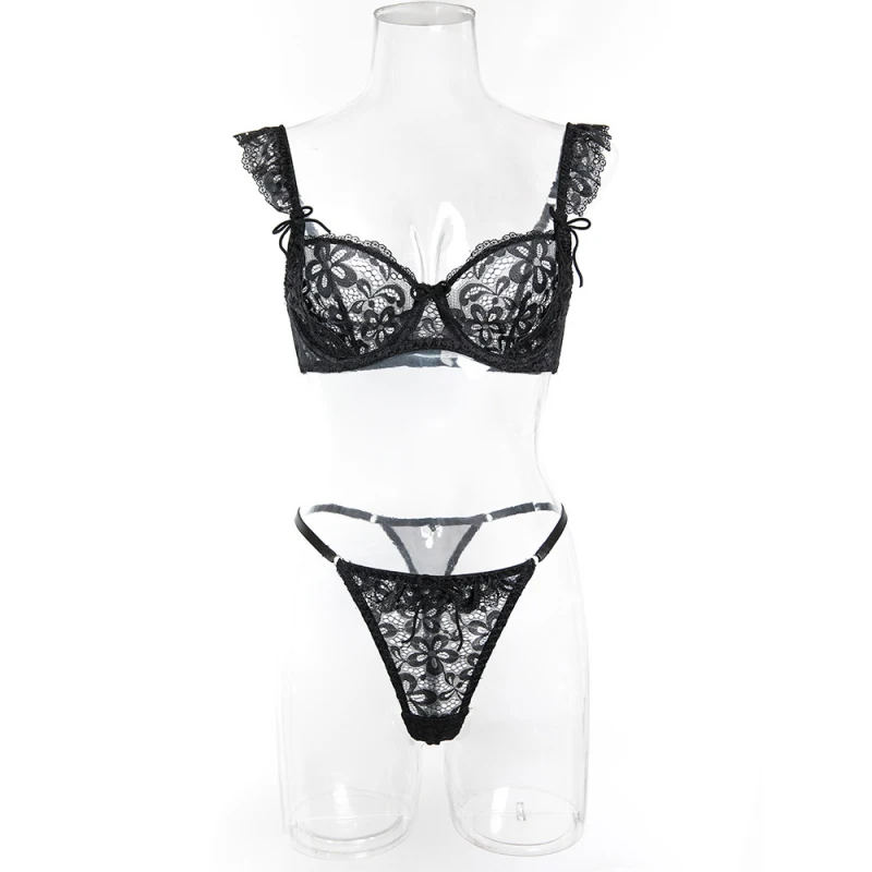 Bikini see-through lace with small ruffle sleeves and bow lingerie set