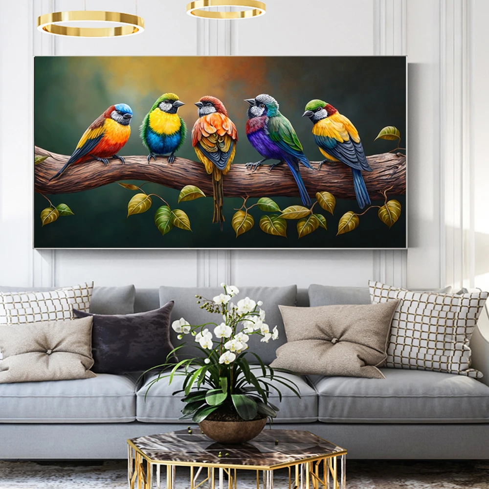 Colorful Feather Birds Stand On The Branch Poster Prints For Living Room Home Decor Cute Birds Anmal Canvas Panting Wall Art