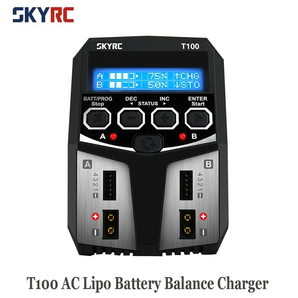 SKYRC T100 AC Lipo Battery Balance Charger Dual 5A 2X50W 2-4S Charger for NiMH / NiCd / LiPo / LiFe / Lilon / LiHV / Pb battery