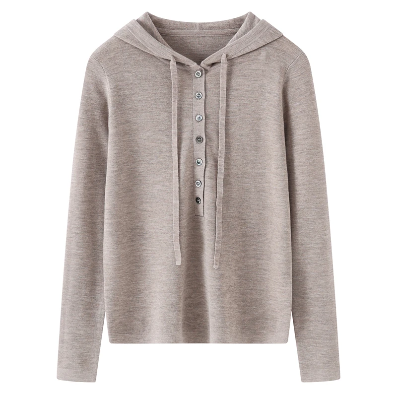 Spring/Autumn Fine Spinning Yangtze Yarn 100% Wool Women's Pullover Loose Knit Sweater Hooded Collar Tops Fashion Button Jumper