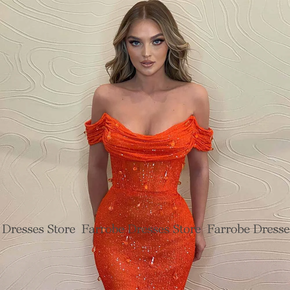 Glitz and Glam Bespoke Occasion Gowns Net Mermaid/Trumpet Valentine's Day Dress Orange Off-the-shoulder Beading Evening Dress image 2
