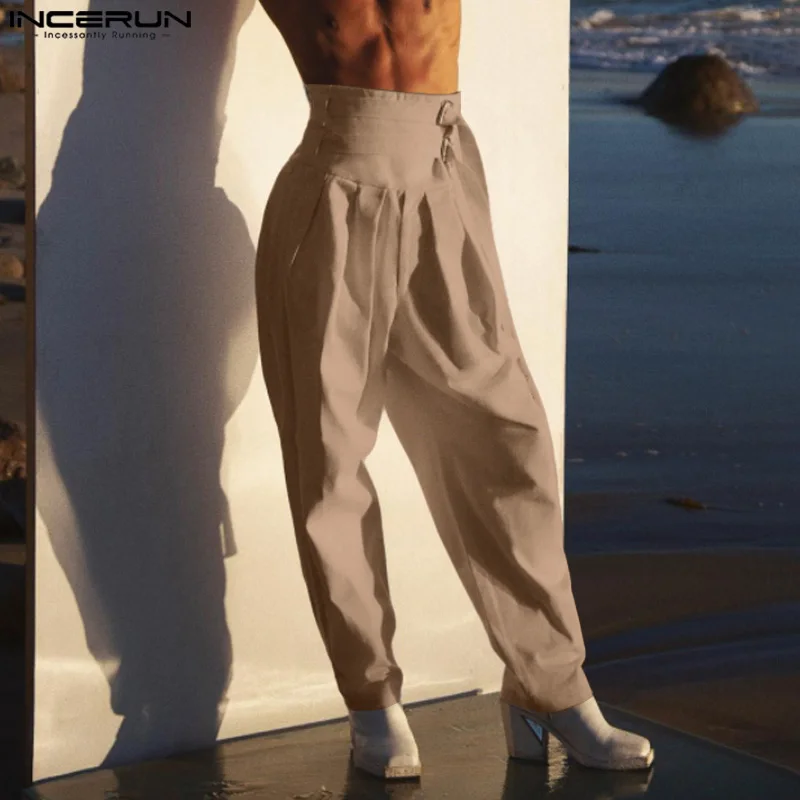 

2024 Men's Casual Pants Solid Color Lace Up Loose Joggers High Waist Trousers Men Streetwear Fashion Leisure Pants S-5XL INCERUN